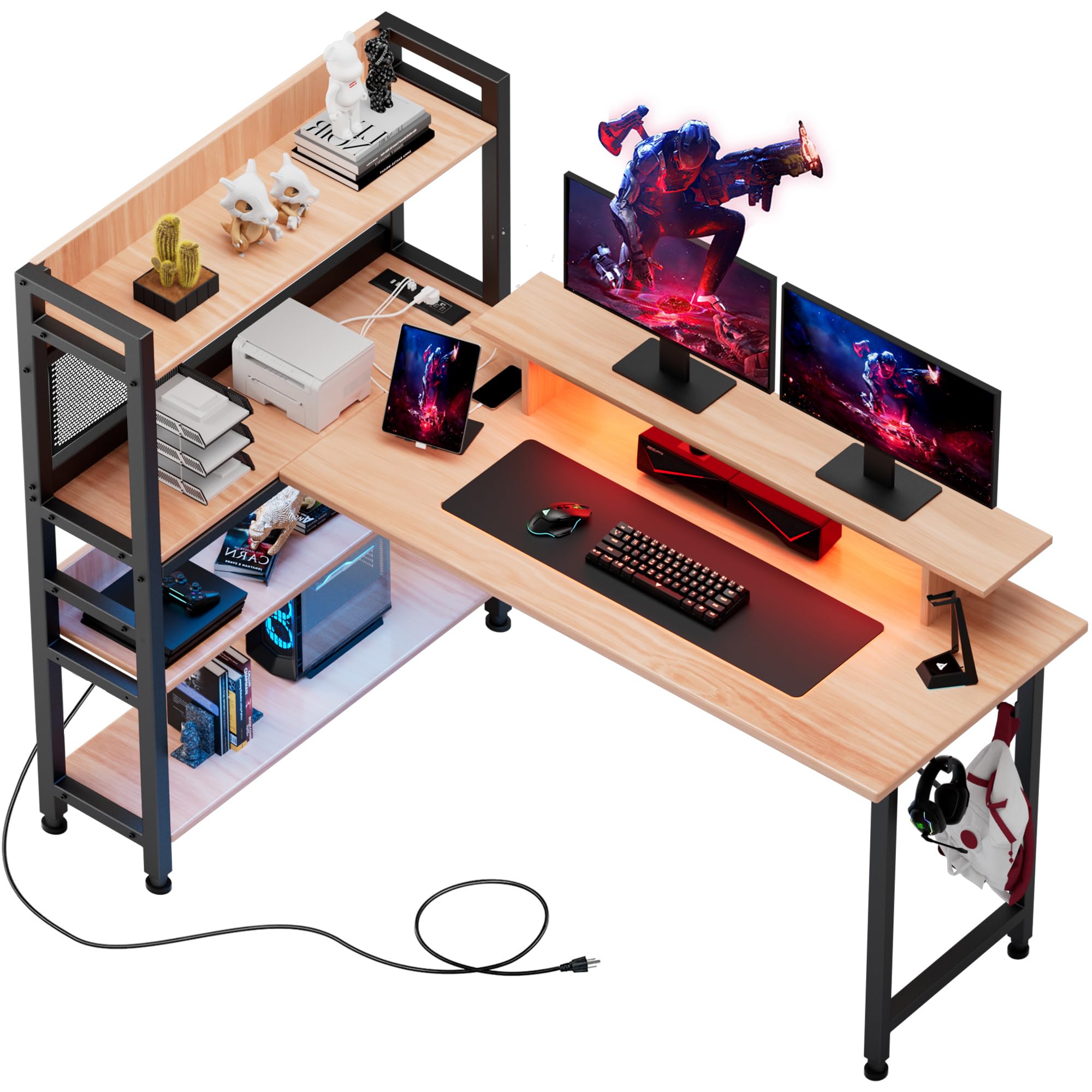 Amazon.co.jp: GTPLAYER ゲーミングデスク l字 コンセント付き led