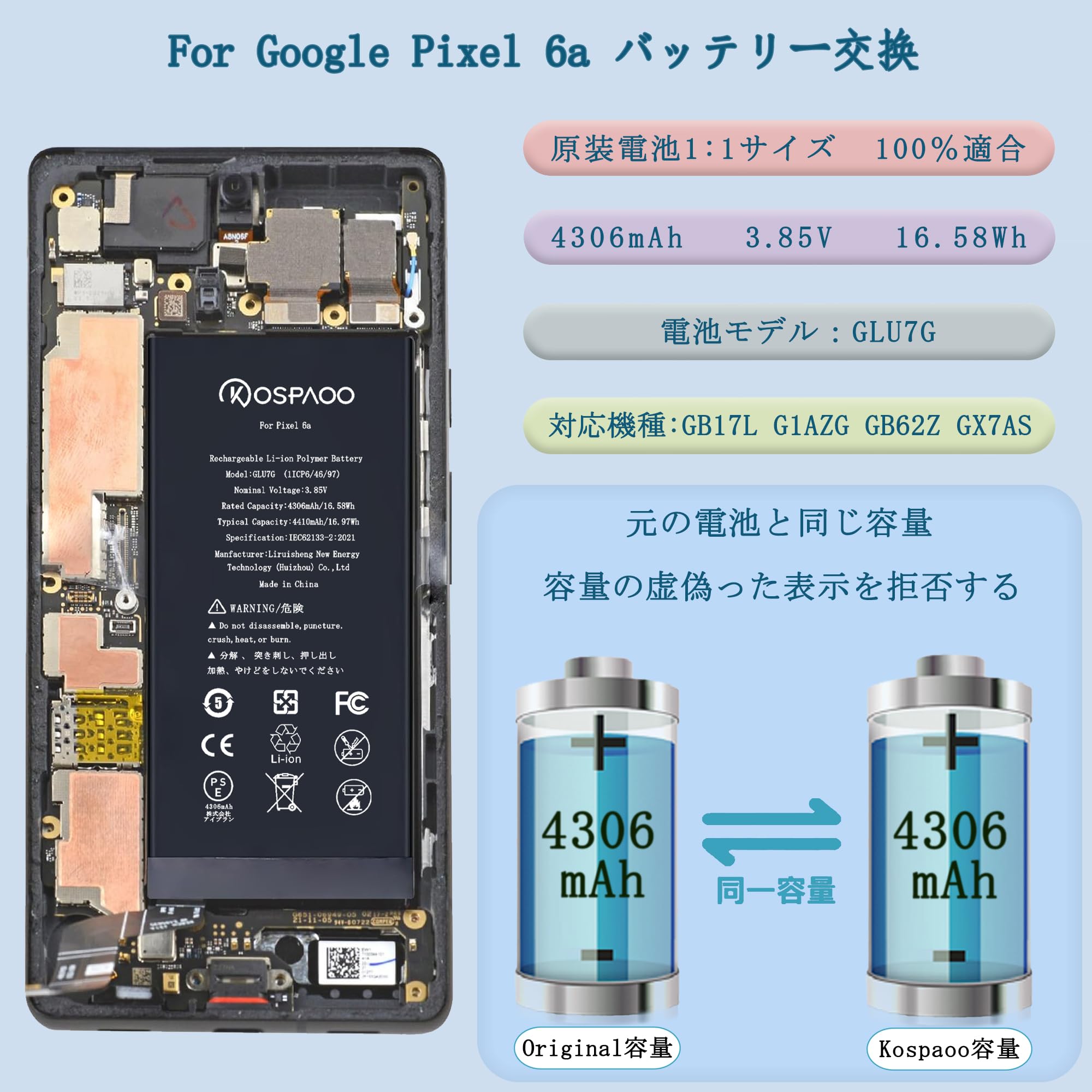 Amazon | KOSPAOO for Google Pixel 6a バッテリー 第6a世代 交換 容量