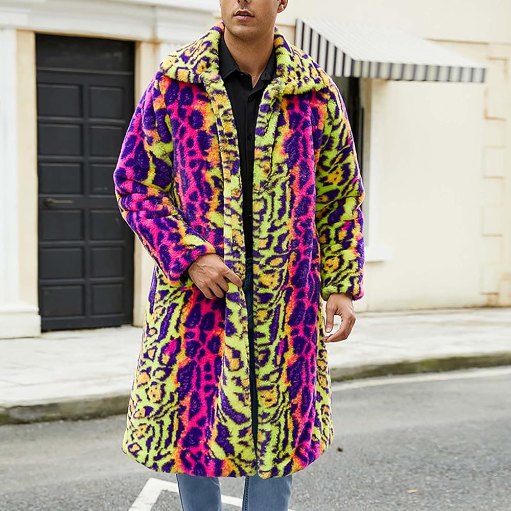 Cambkatl Men's Rainbow Color Leopard Faux Fur Coat Long Length