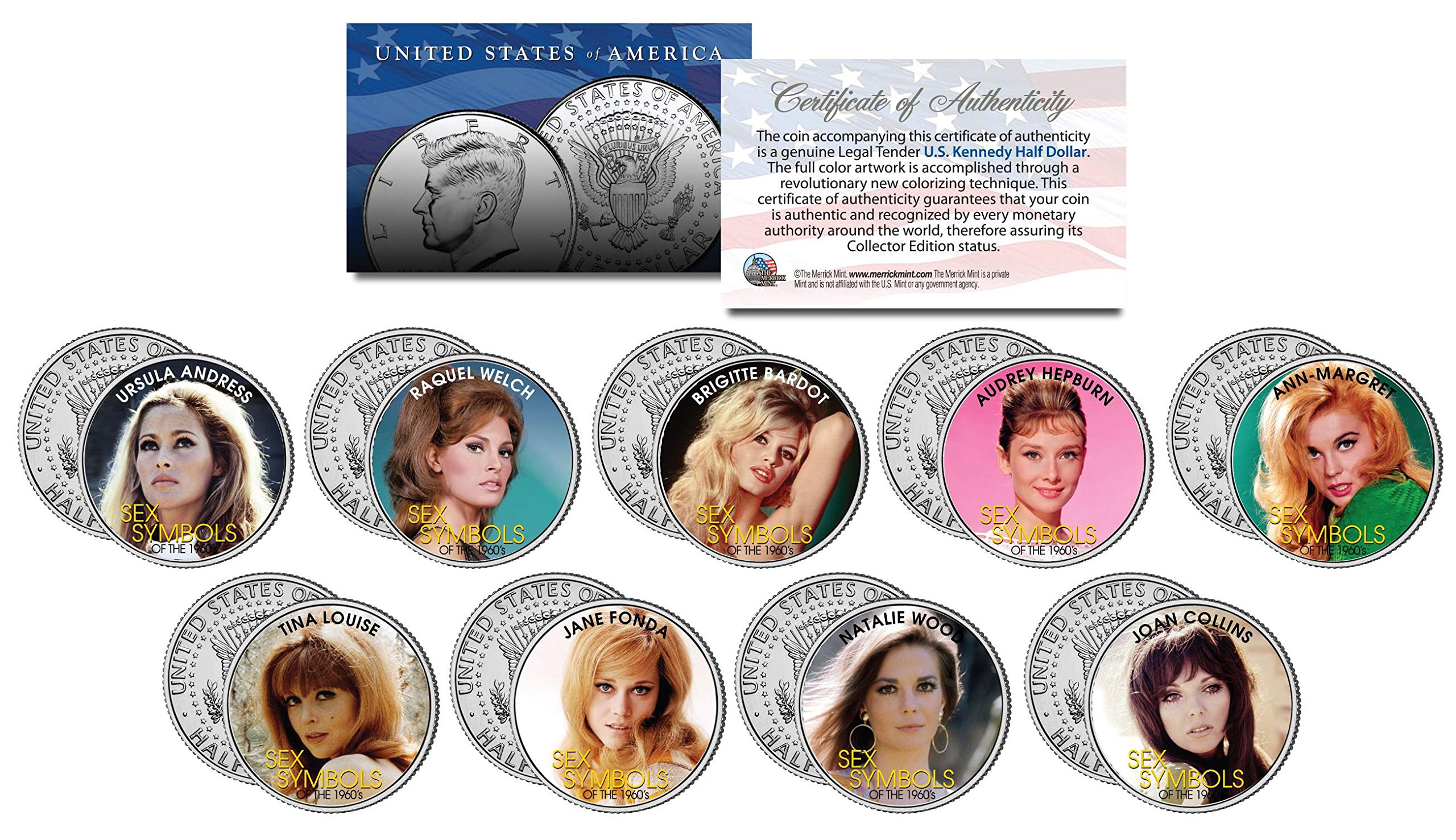 Amazon.com: 1960s SEX SYMBOLS Colorized JFK Half Dollar 9-Coin Set