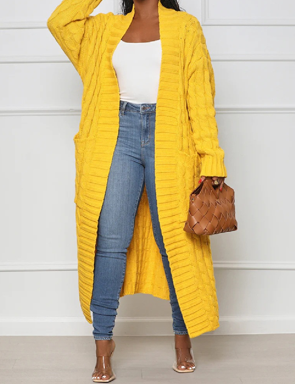 LIVECLOTH Stylish Cable Knit Dual Pocket Long Cardigan, Womens