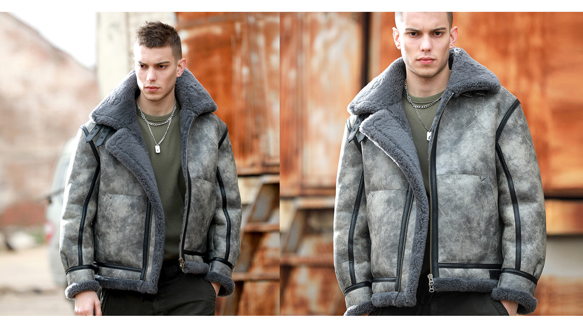 Denny&Dora Mens Grey Shearling Jacket Mens Pilot Jacket B3 Leather