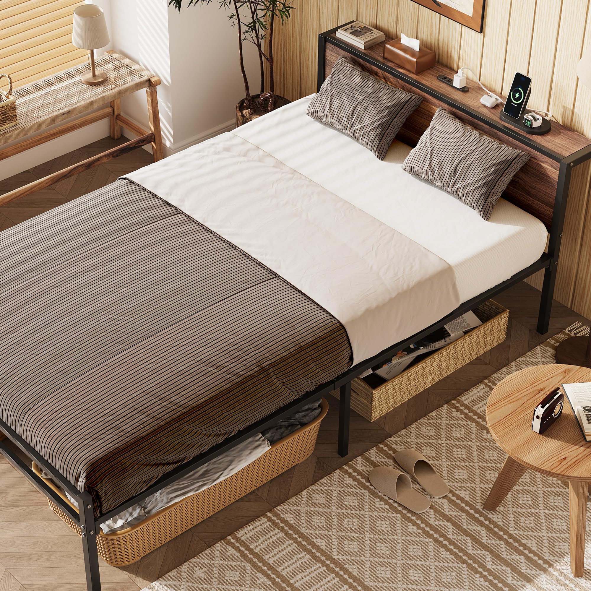 Amazon｜WLIVE ベッドフレーム 宮棚付き 2口コンセント すのこベッド