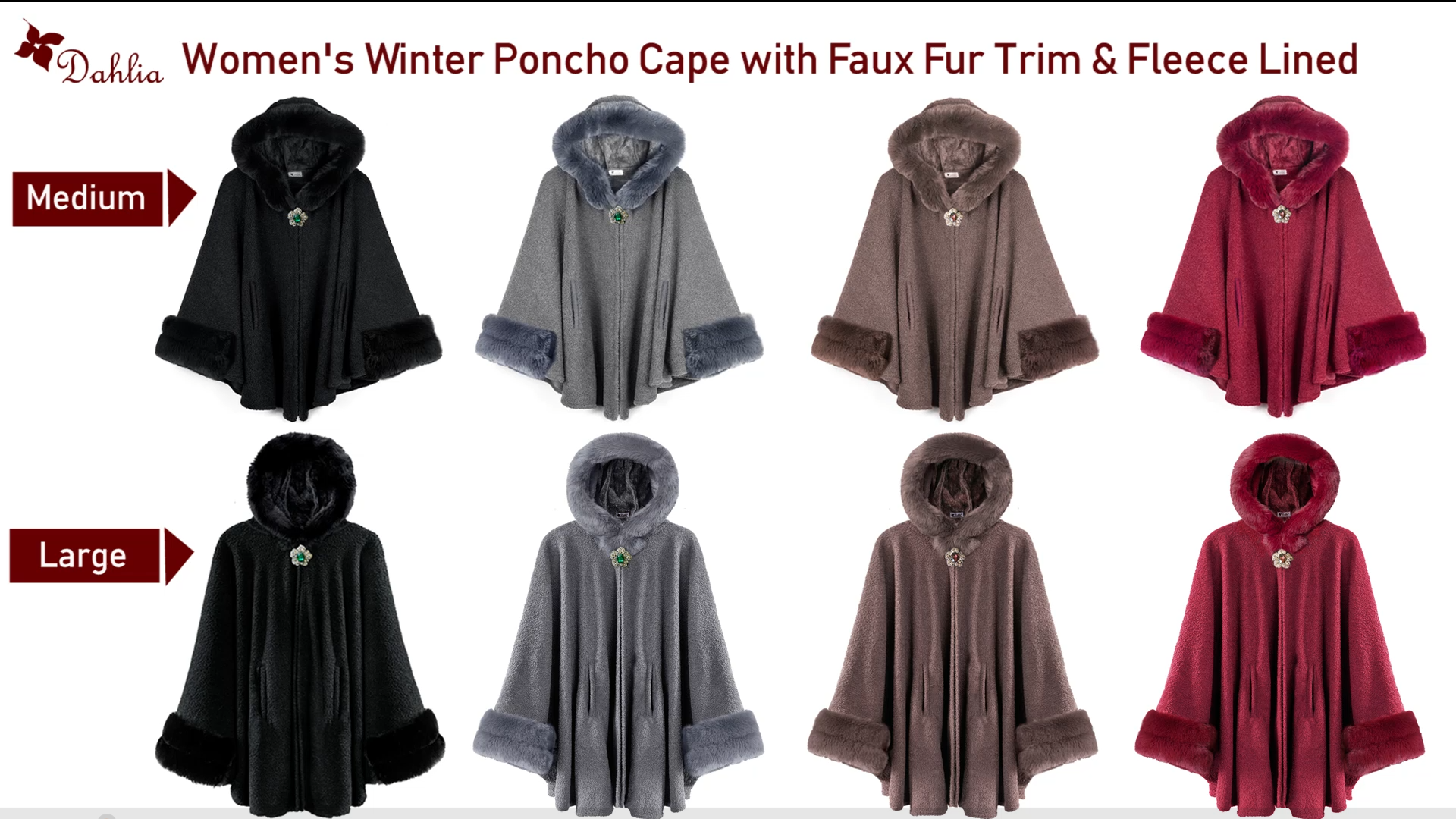 Dahlia Women's Winter Cape Coat, Luxurious Faux Fur Trim, Fleece