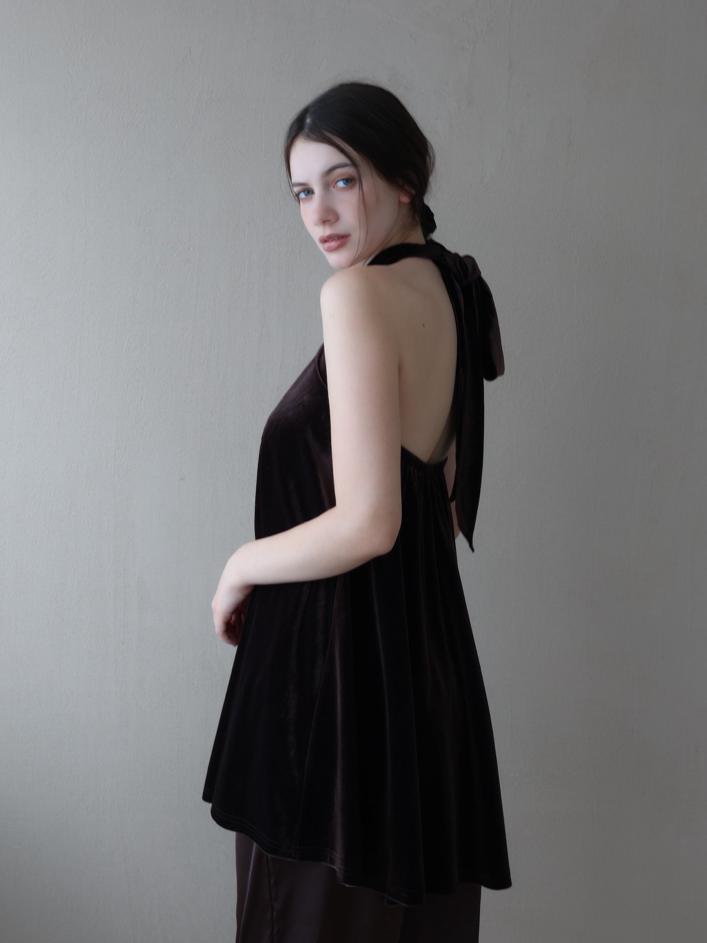 velour back open tie blouse – célon