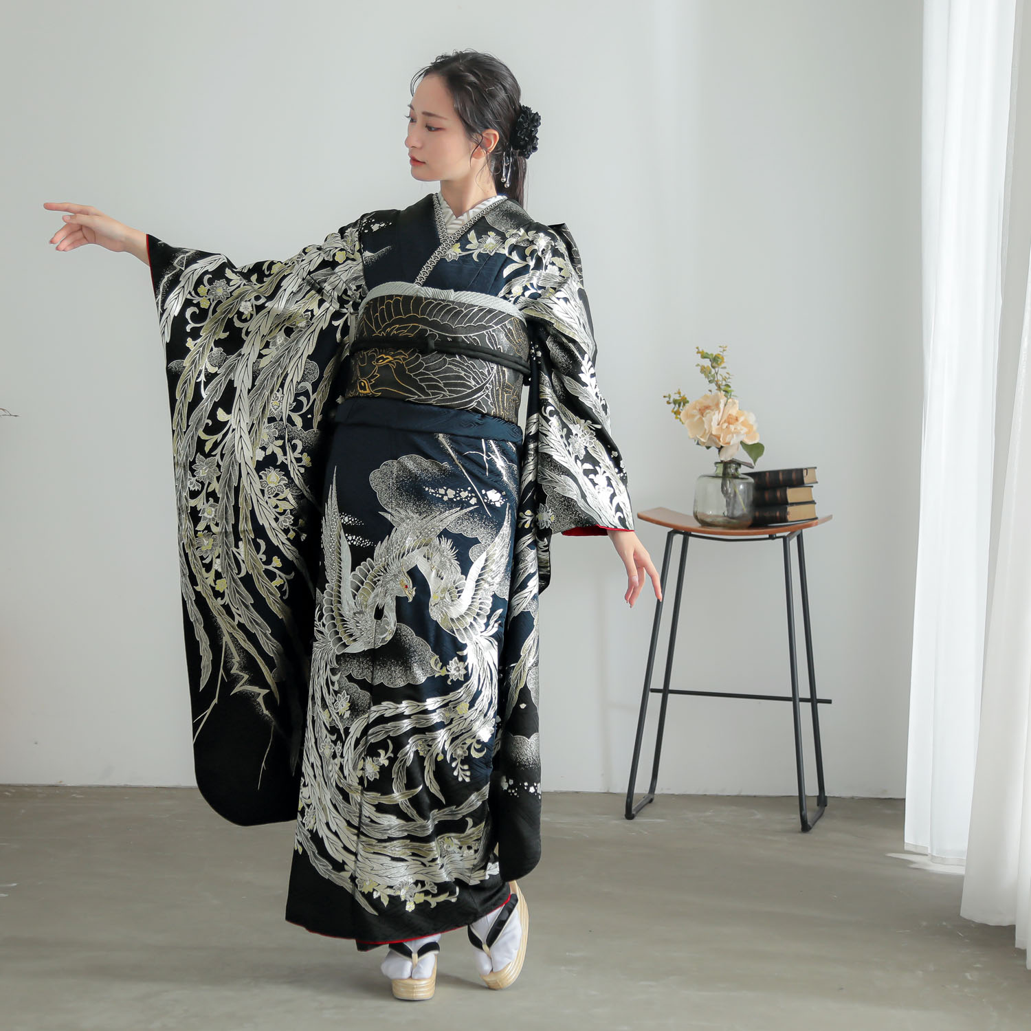 Beautiful Japan ブルー×黒 鳳凰（【振袖・袋帯・長襦袢のセット商品