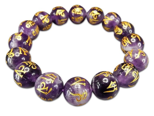 ファントムアメジスト六字真言金彫り約14mm天然石ブレスレット数珠