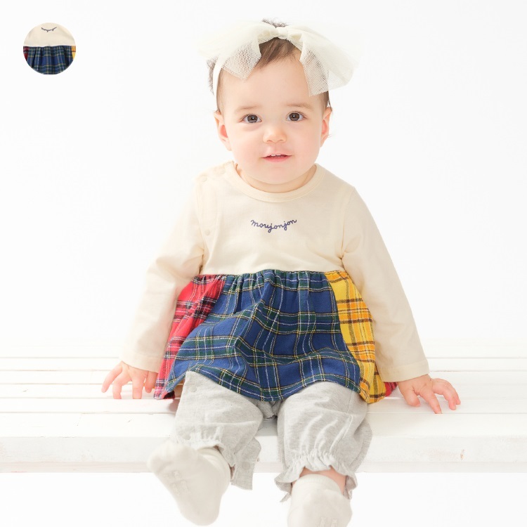 チェックロンパース フロントリボンチェックロンパース｜evelyn