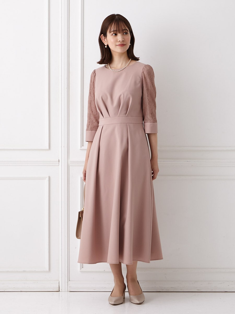 レース袖×ウエストタックフィット＆フレアワンピース(L ピンク): AIMER