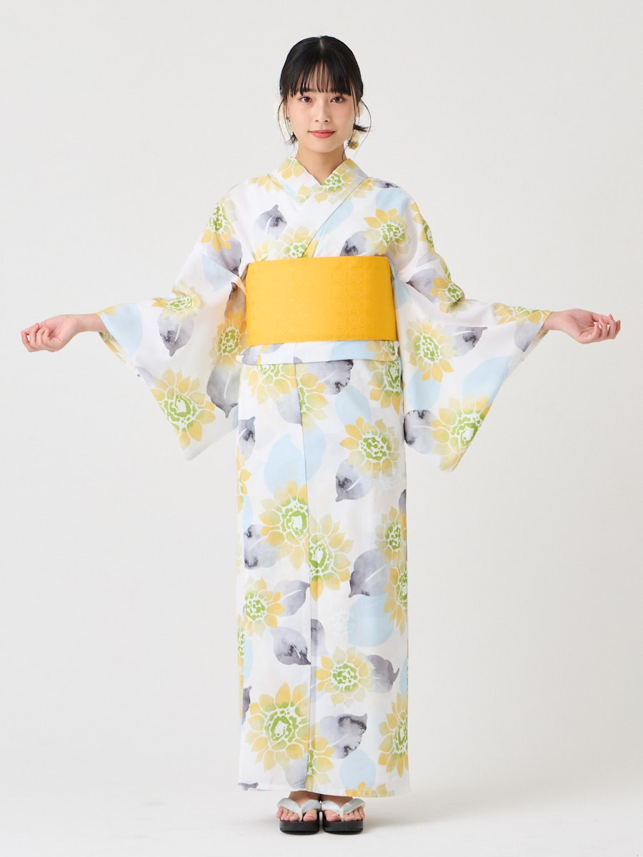 WEB限定】浴衣3点セット（浴衣「ハナウタ・水彩ひまわり」+ 半巾帯「花