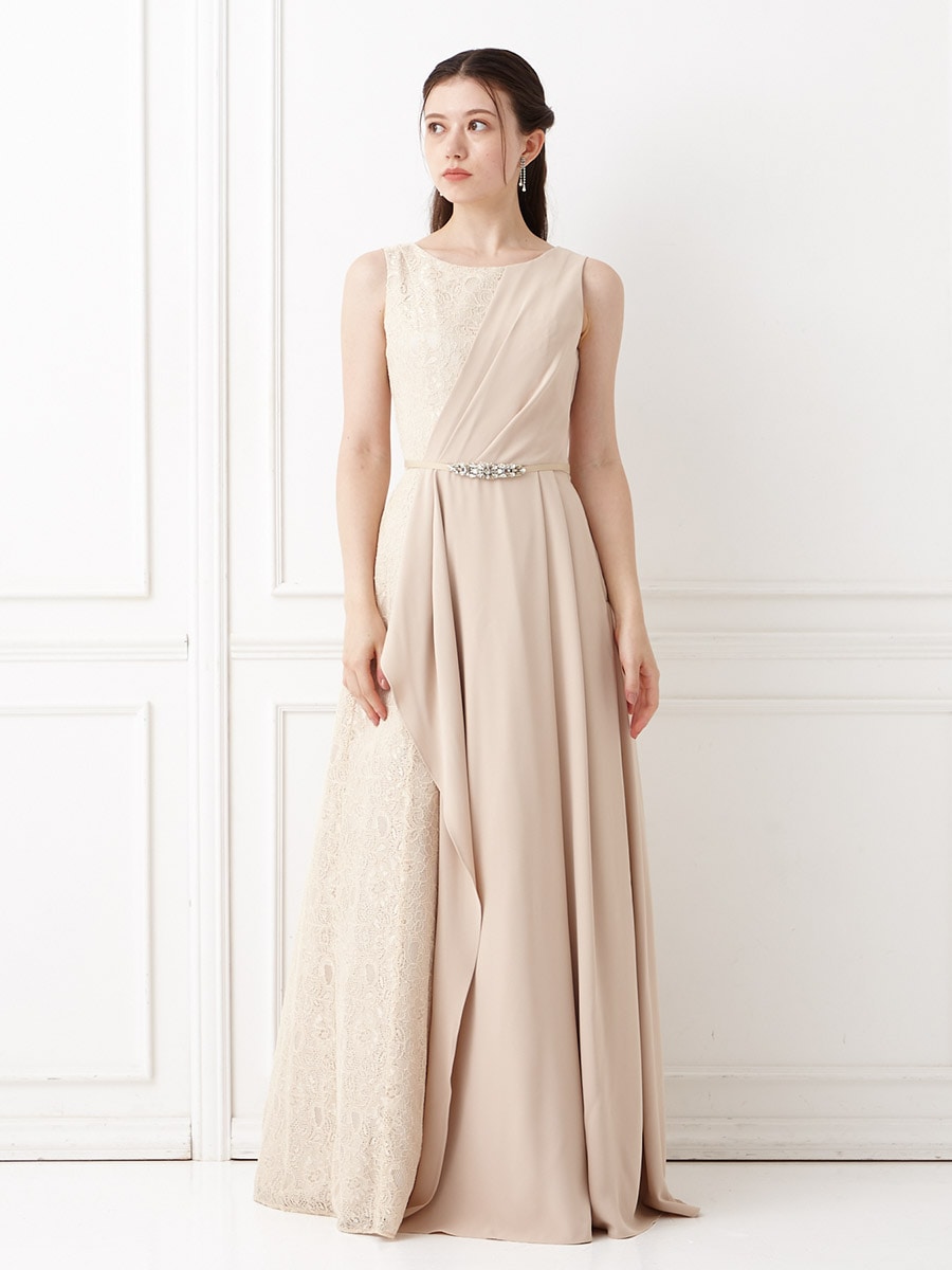 残りわずか】ジョーゼット×コードレースロングドレス(L ベージュ