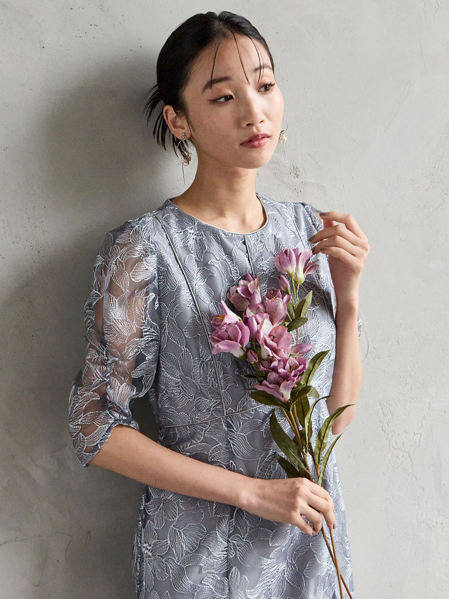 エンブロイダリーチュールパイピングドレス(S グレー): AIMER | エメ