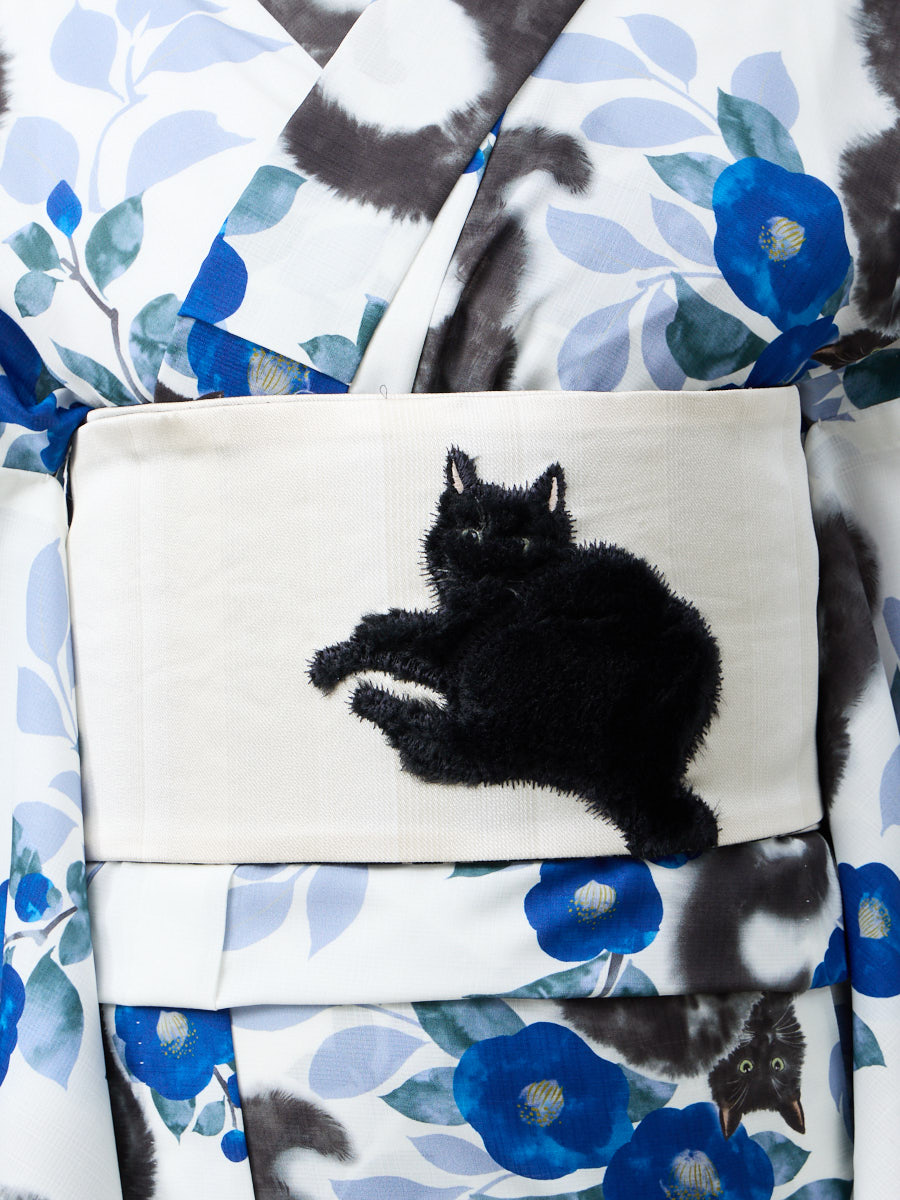 残りわずか】半巾帯「 水墨フワ猫 」(FREE オフホワイト): ふりふ