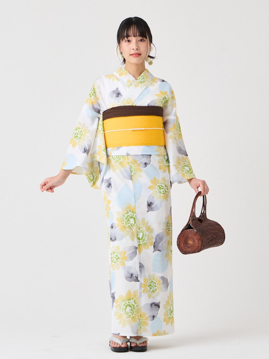 浴衣単品 「 ハナウタ 水彩ひまわり 」(FREE イエロー): ふりふ