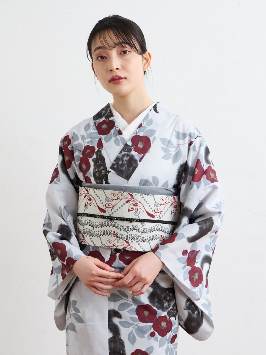 残りわずか】浴衣単品「 水墨猫 」(FREE ダークレッド): ふりふ