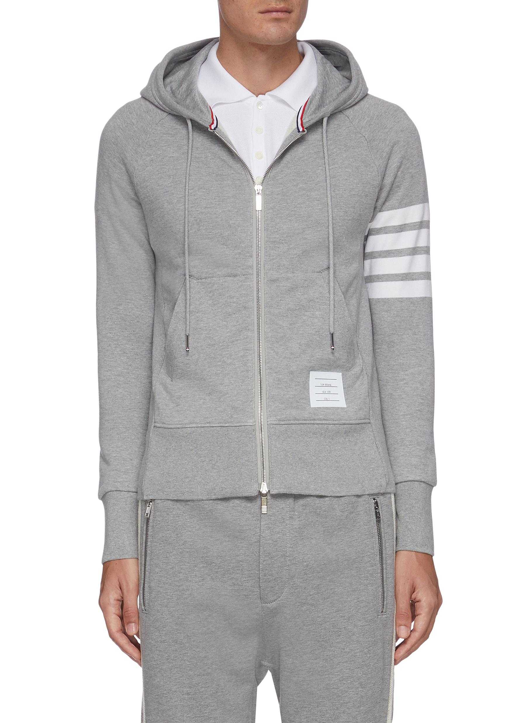THOM BROWNE | Four-bar stripe zip-up jersey hoodie | LIGHT GREY
