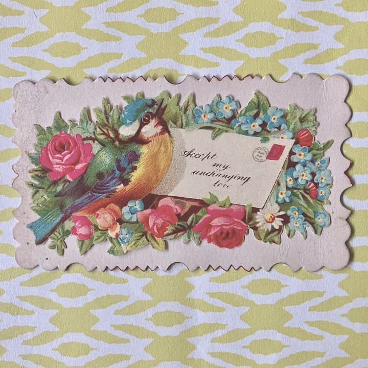 09B青い小鳥と手紙を渡す手のヴィクトリアン・コーリングカード4枚セット