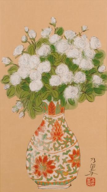 青木乃里子が墨彩画の絵画で描いた和の花の絵「白い薔薇」を通販で販売