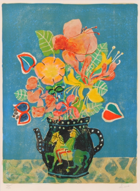 ポール・アイズピリがリトグラフの版画で制作した花の絵画「青い背景の