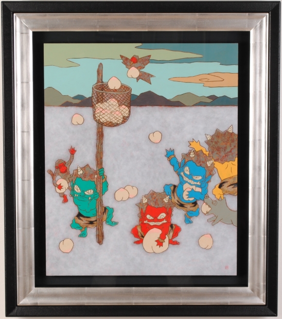 瀧下和之がアクリル画の絵画で描いた絵「桃太郎図 鬼ヶ島で運動会」を