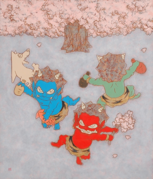 瀧下和之がアクリル画の絵画で描いた桃太郎シリーズの鬼の絵「鬼ヶ島で