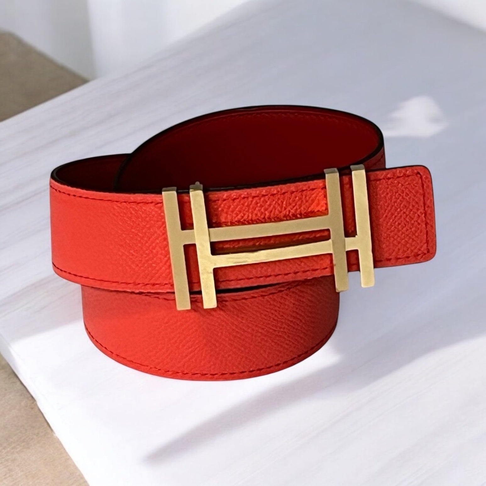 HERMES H Au Carre | 32mm 100cm Reversible Belt in Rouge Casaque