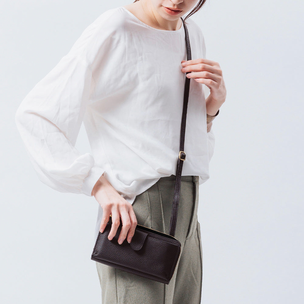 フルグレイン シュリンクレザー L字ファスナー財布付き 横型スマホ