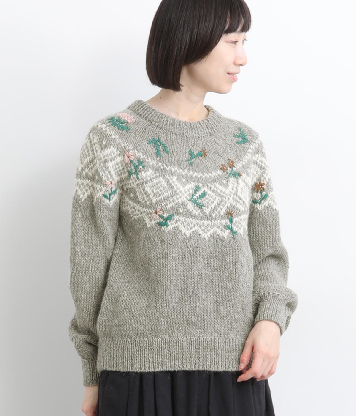 アルパカウール手編み花刺繍求心柄ニットプルオーバー（ESTELLE）の