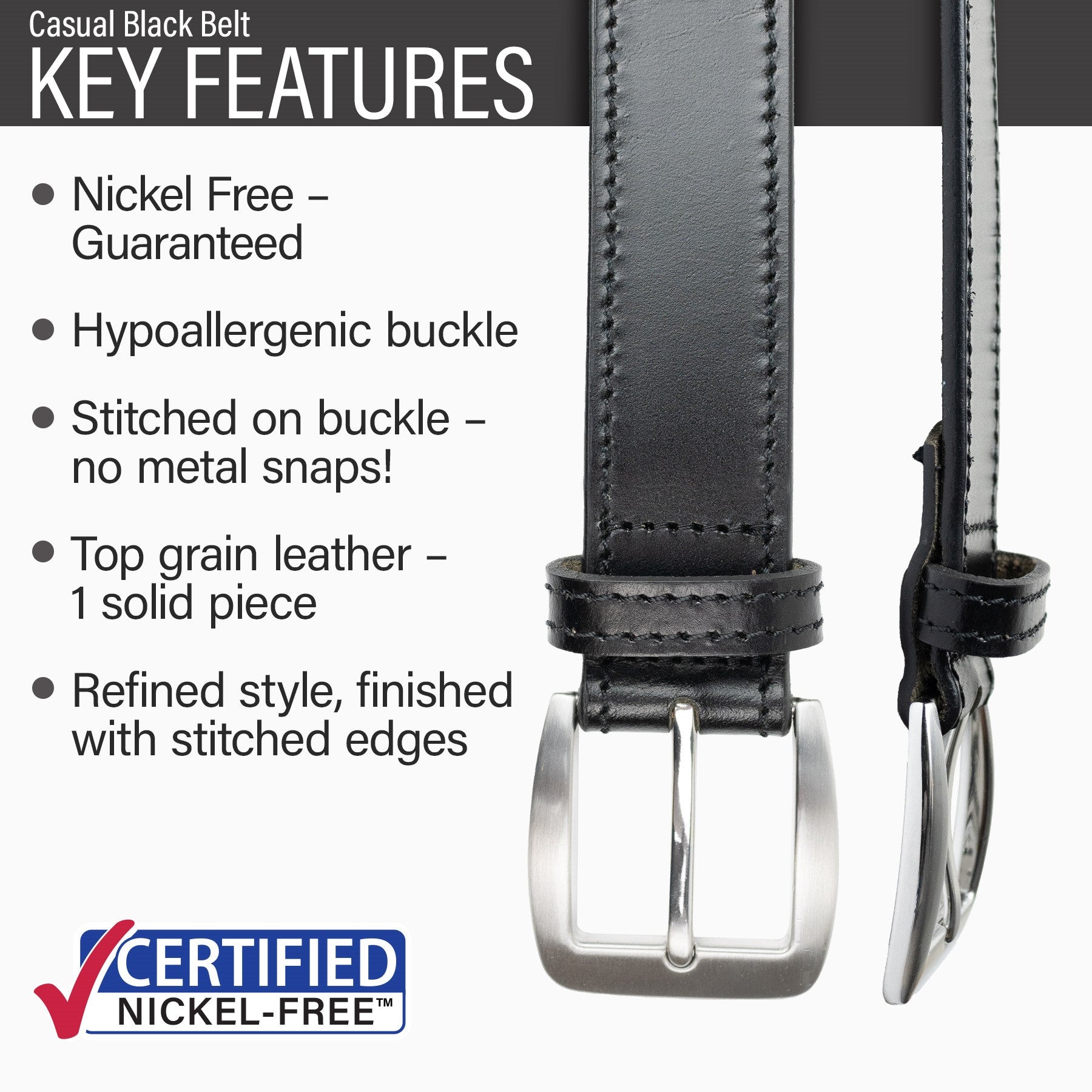 Casual Black Belt | Silver Hypoallergenic Buckle & Full Grain Leather