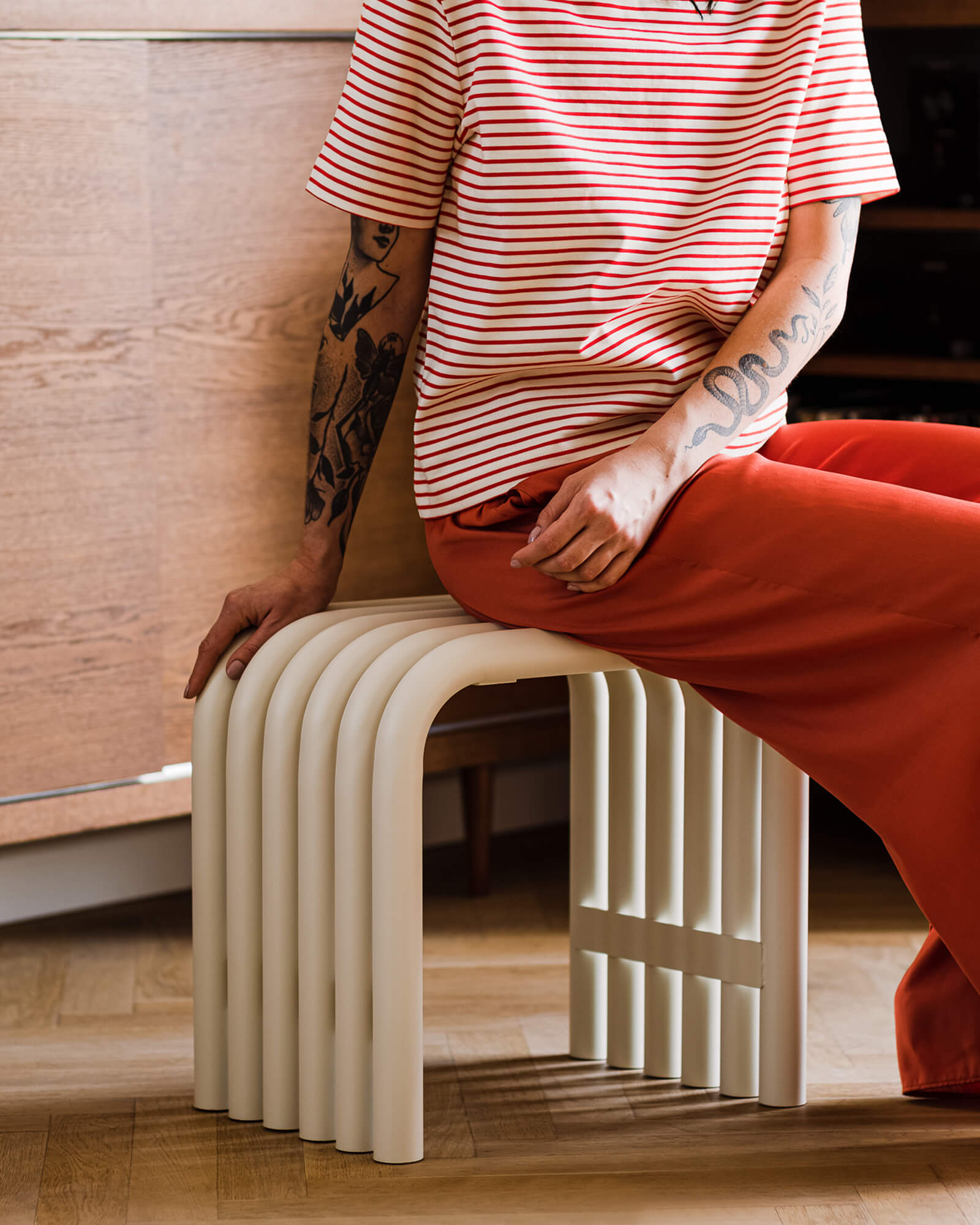 Nokk Stool - beige steel stool for indoor and outdoor