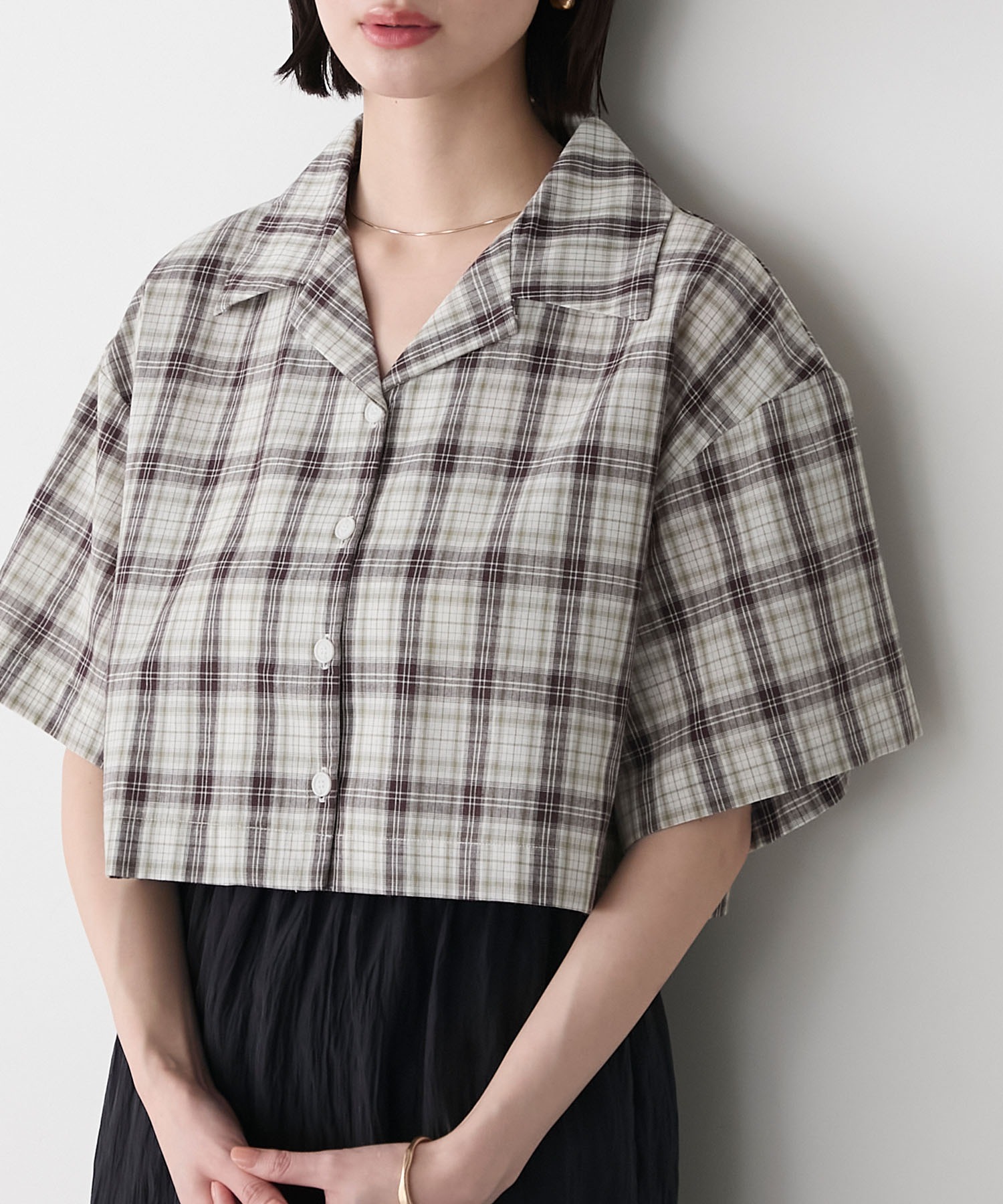 forksy.】マドラスチェック オープンカラー ショート丈シャツ forksy