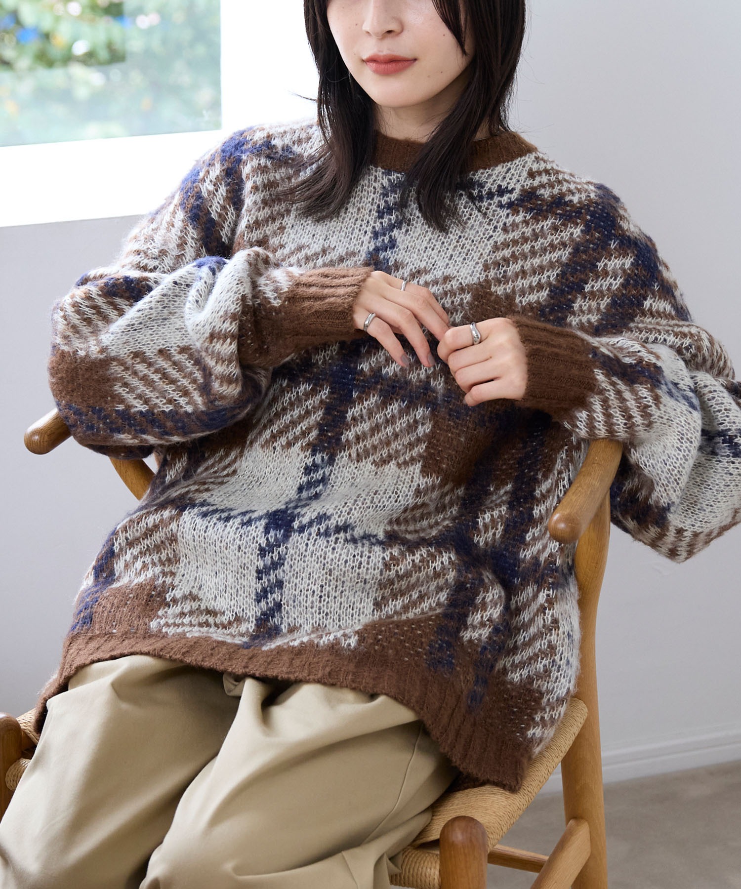 チェック柄ジャガード ビッグシルエット クルーネック ウォッシャブル