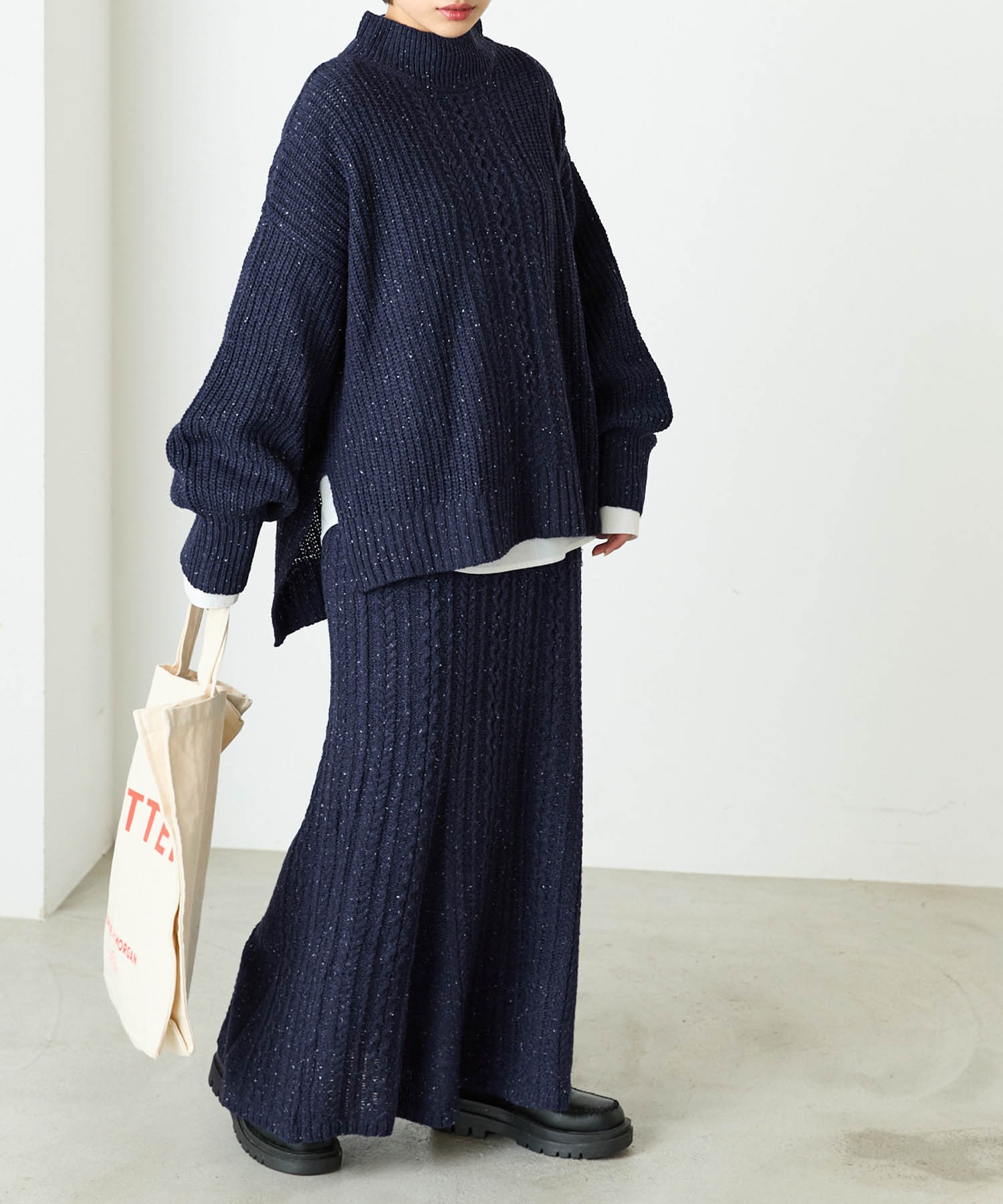 forksy.】ケーブル編みニットセットアップ ハイネックプルオーバー