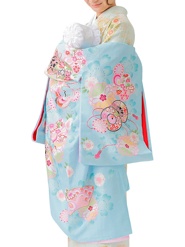 UG-Y06 / 水色地に鼓と鶴のお宮参り産着（祝い着・掛け着） 女の子