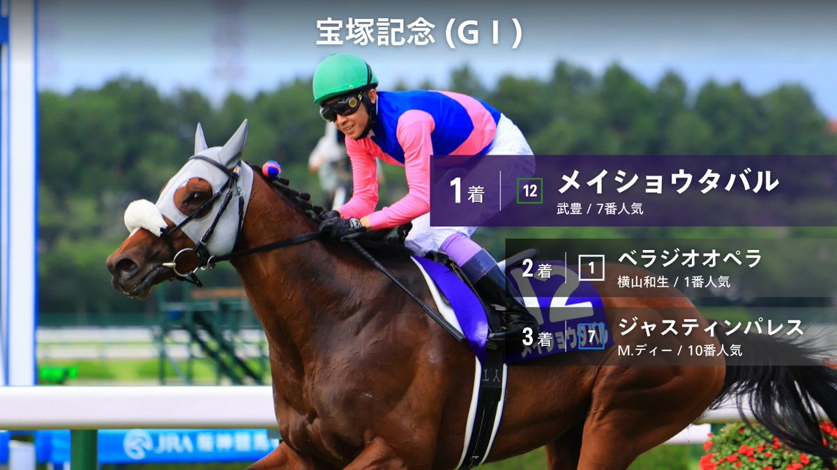 阪神11R #宝塚記念 結果】 1着 12 メイショウタバル 2着 1 ベラジオ