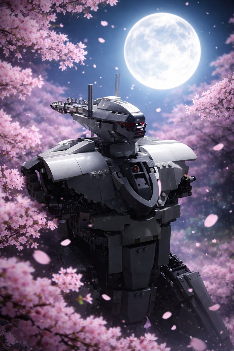 桜月夜に照らされる、静かに佇むダークグレーのメカ。その名は「桜月夜」。