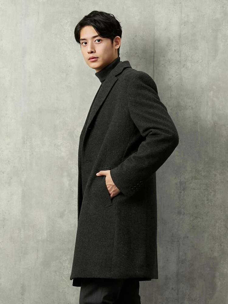 L．グレー カシミヤ混 ウールビーバー生地 チェスターコート ライト