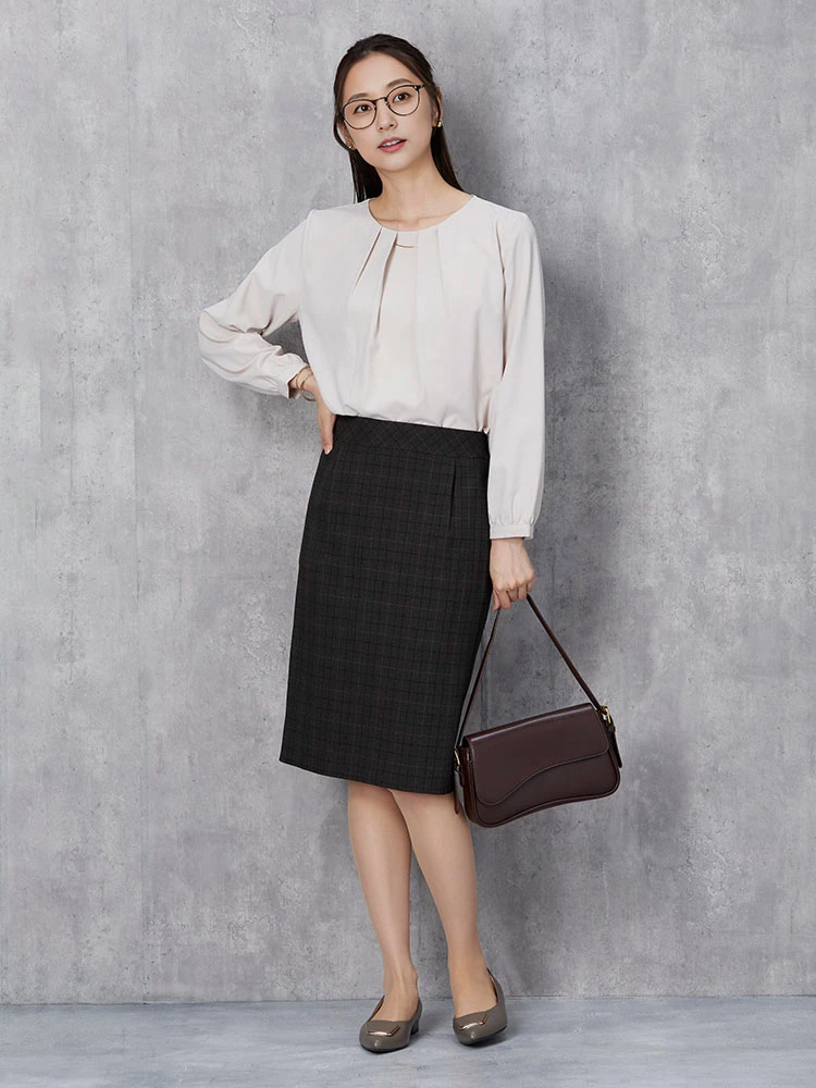 ブラウン グレンチェックスーツ タックスカート ネイビー/ブラウン