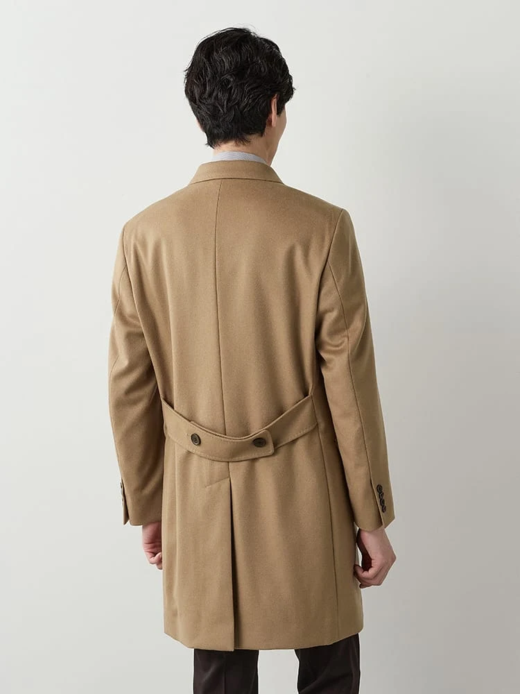 ベージュ ウール100% ダブルブレスト チェスターコート グレー/ワイン