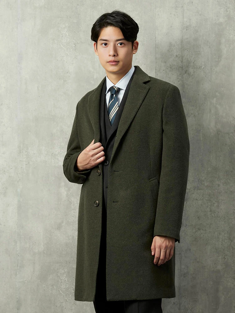 カーキー ウール100％ 国産チェスターコート ブラック/カーキ | P.S.FA