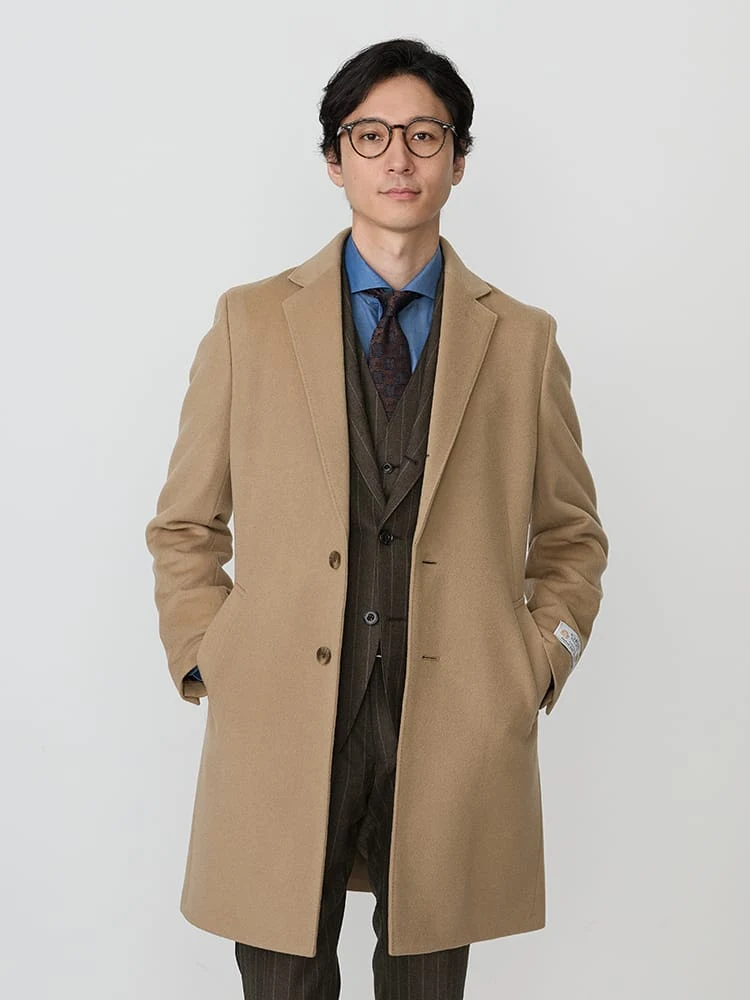 ベージュ ウール100％ ビーバーチェスターコート ミディアムグレー