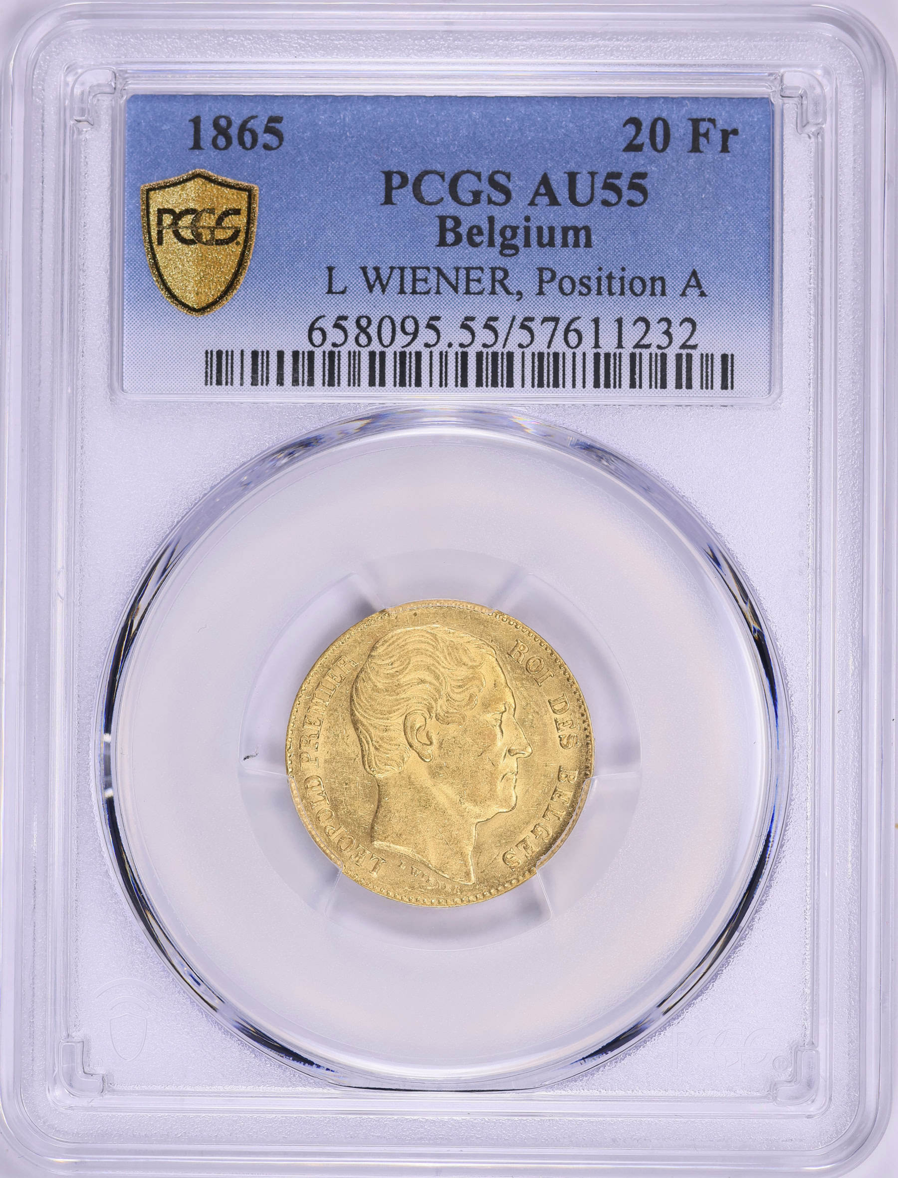Belgium 1865 Gold 20 Francs L WIENER, Position A KM-23 PCGS AU-55