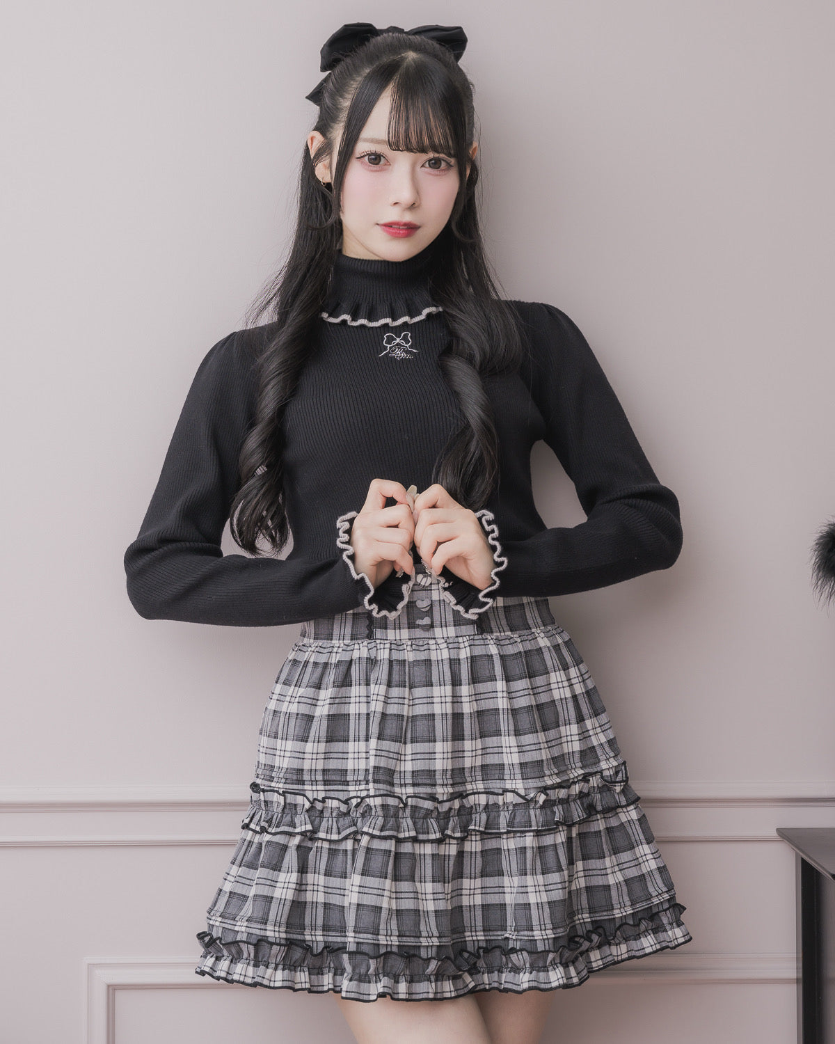 pium レースフリルプリーツミニワンピース ブラックチェック レース