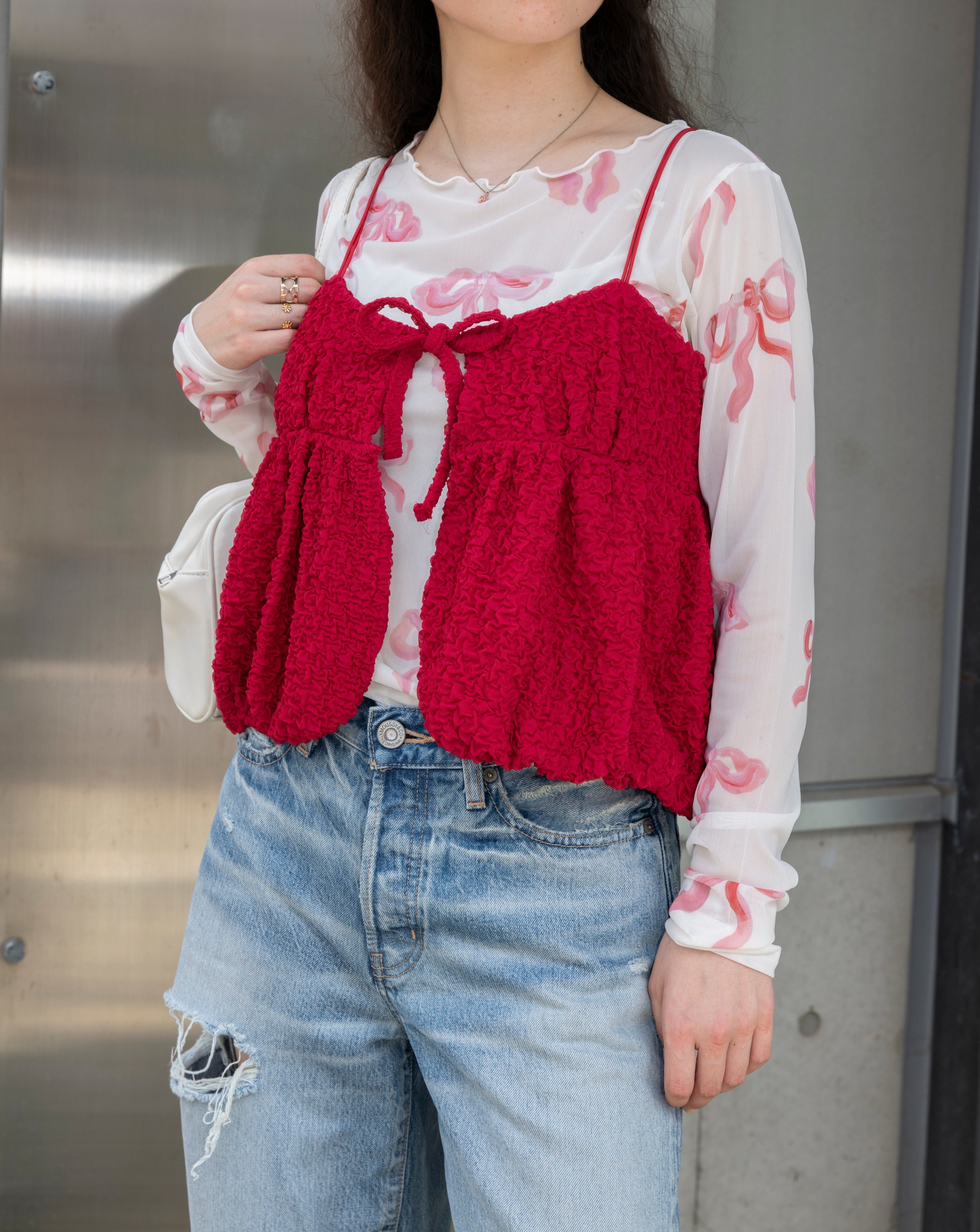 Pink ribbon see-through tops(Round neck)