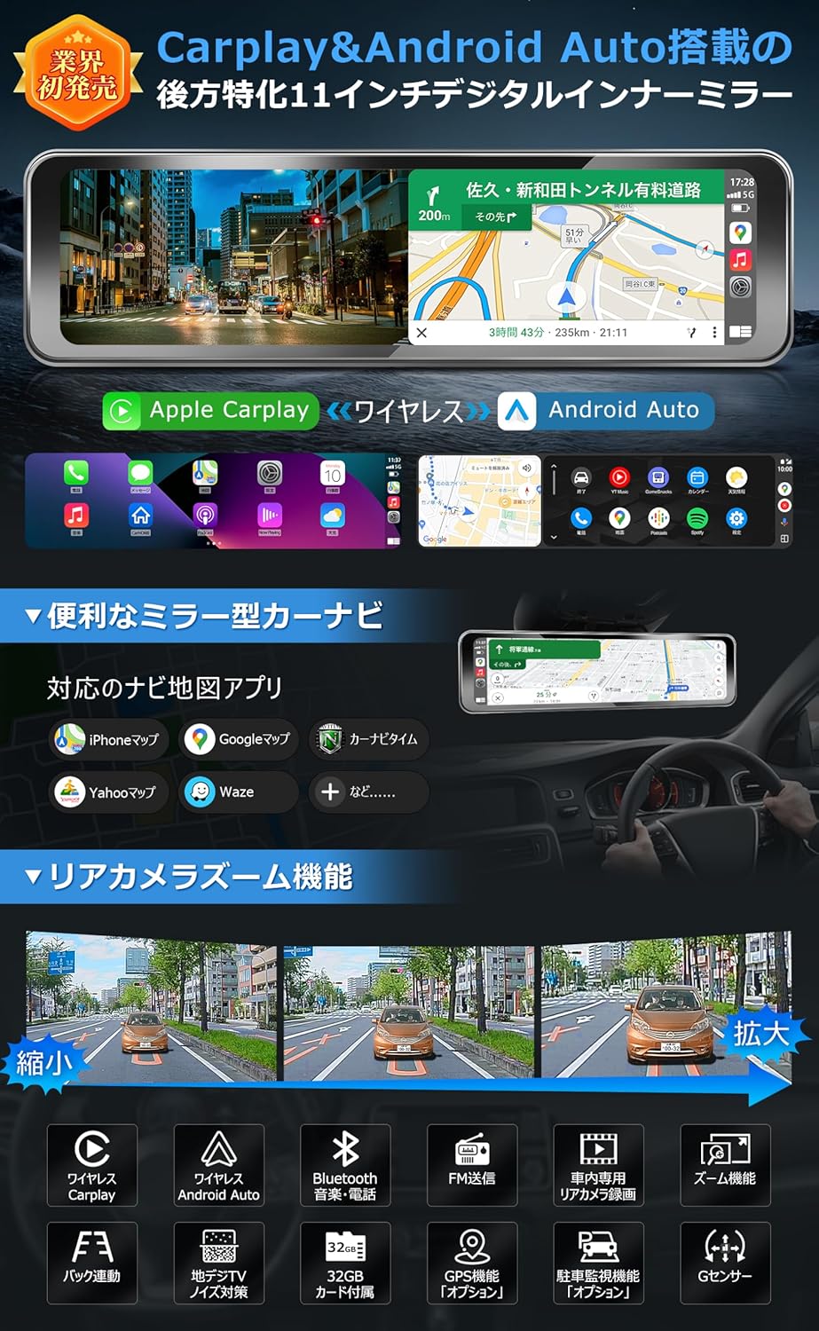 PRD63C ワイヤレスCarplay/AndroidAuto搭載 ミラー型ドライブ