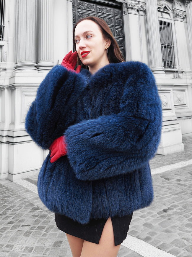 Fox Jacket S/M - Luxury Blue Fur | Soft Crew Neck Design– Purple