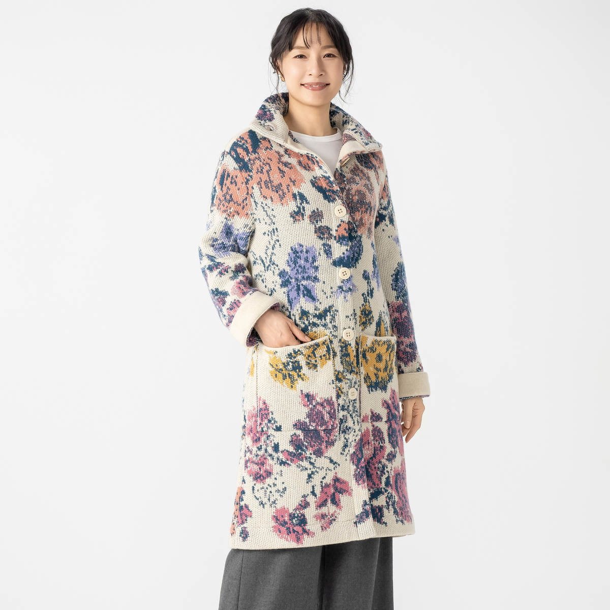 IVKO WOMAN フラワーパターン ジャガードニットコート イブコ ウーマン