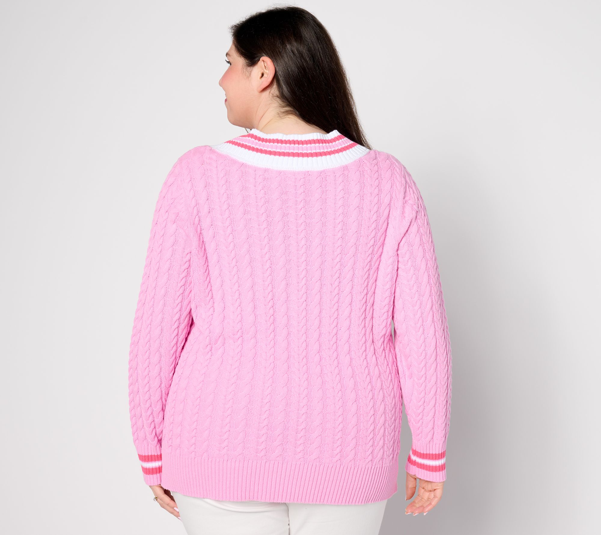 Isaac Mizrahi Live! Clubhouse Cable V-Neck Sweater with Tipping
