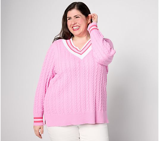 Isaac Mizrahi Live! Clubhouse Cable V-Neck Sweater with Tipping