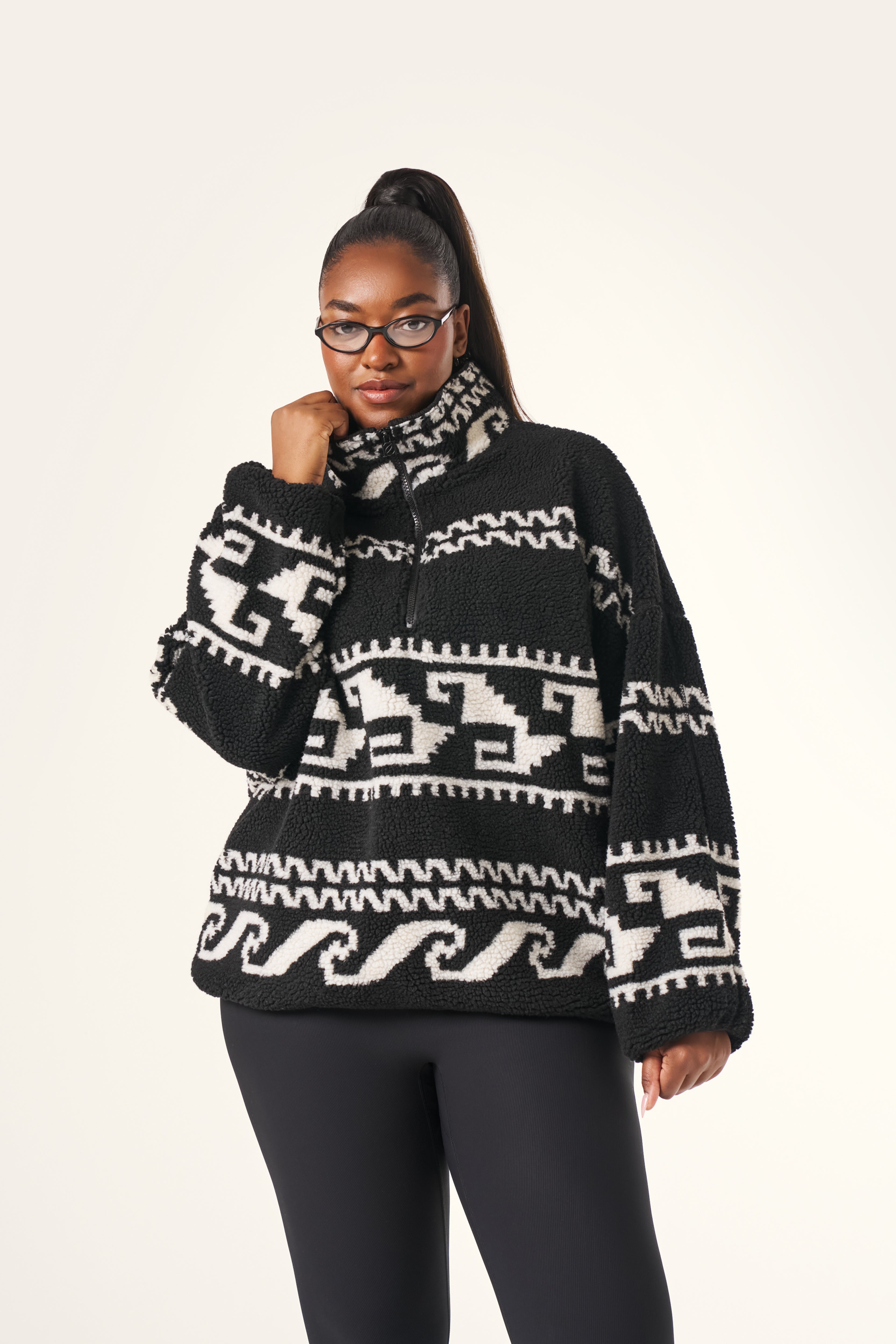 Aztec Detail Quarter Zip Borg Sweatshirt - Core Black – reasn